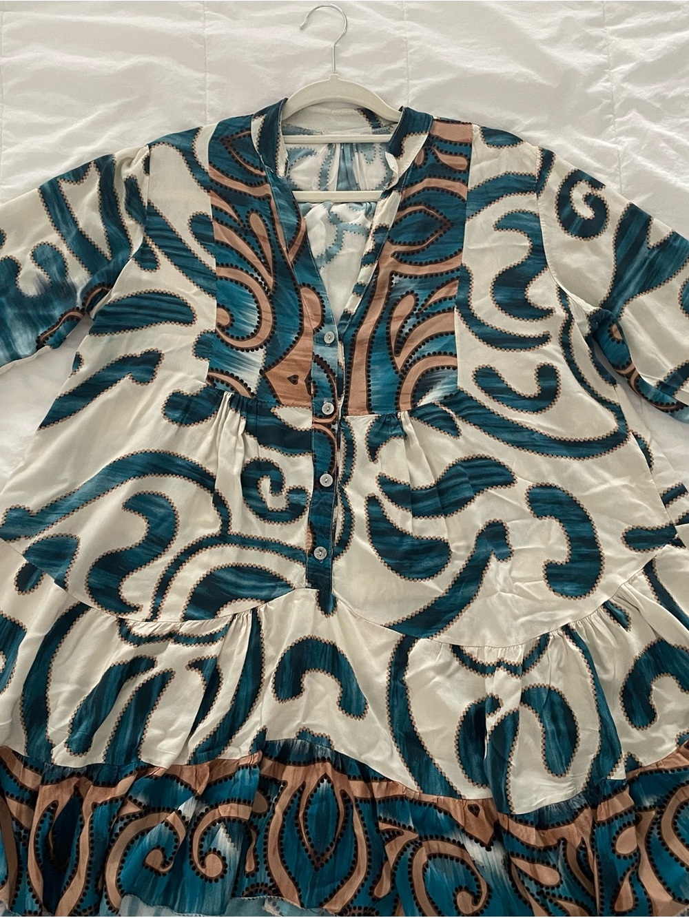 Boho Button-Front Tiered Dress in Teal & Cream Made in Italy